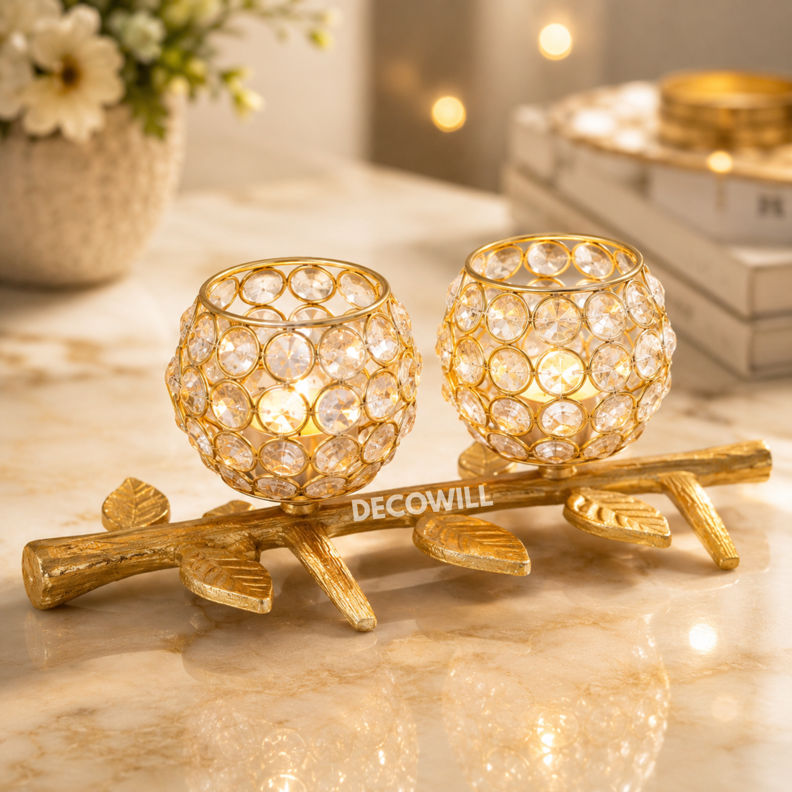 Decowill Crystal Tealight Candle Holder 2 Cup with Leaf Design | Diwali Decoration | Home Decor