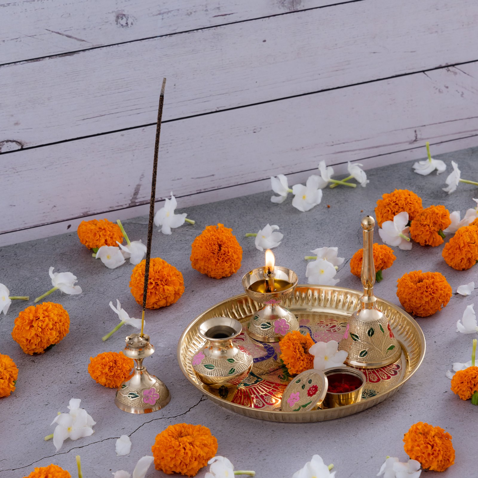 Decowill Brass Pooja Thali Set | Pooja Thali for Diwali, Navratri | Akhand Diya, Kalash, Dhoop Stand, Bell, Roli Box