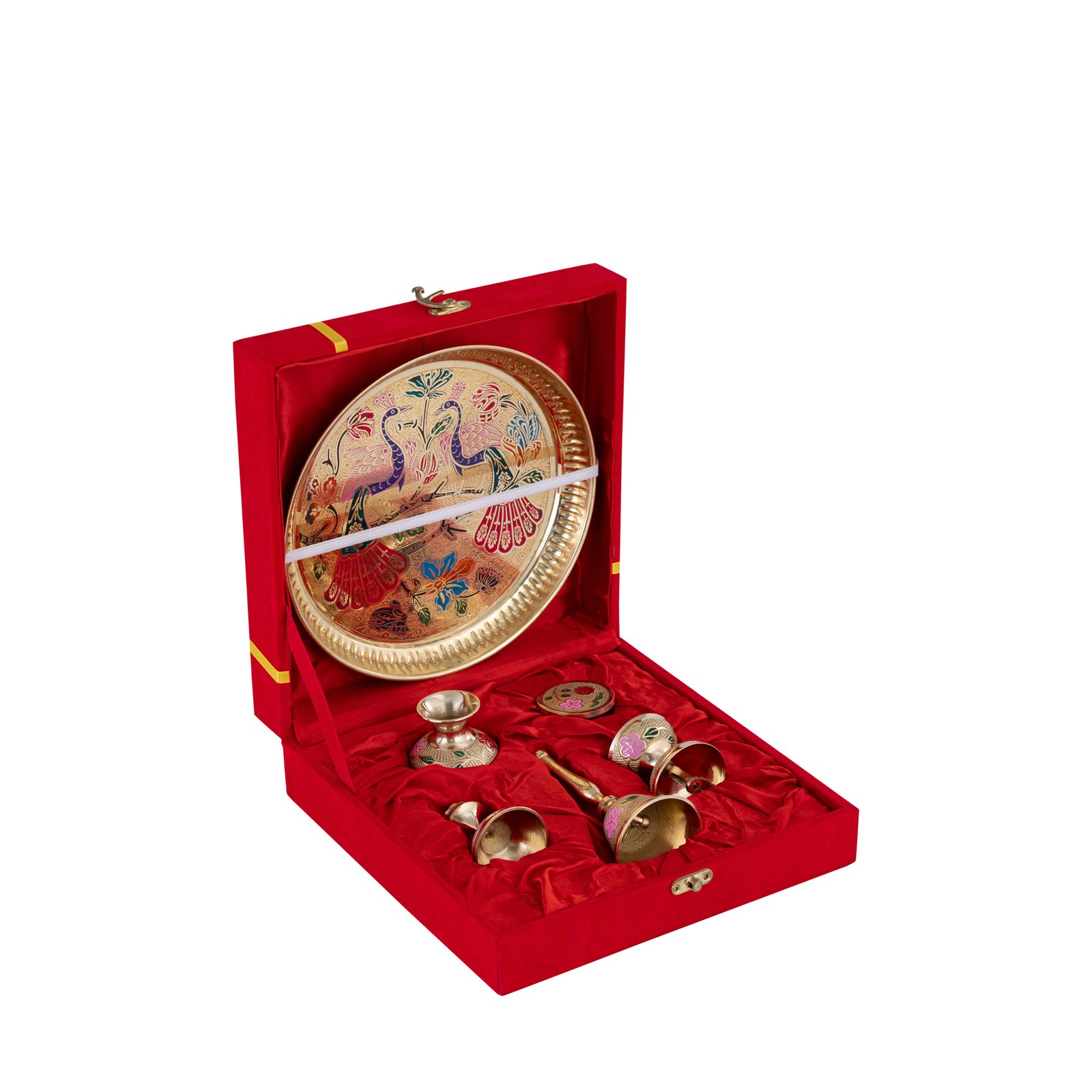 Decowill Brass Pooja Thali Set | Pooja Thali for Diwali, Navratri | Akhand Diya, Kalash, Dhoop Stand, Bell, Roli Box photo 3