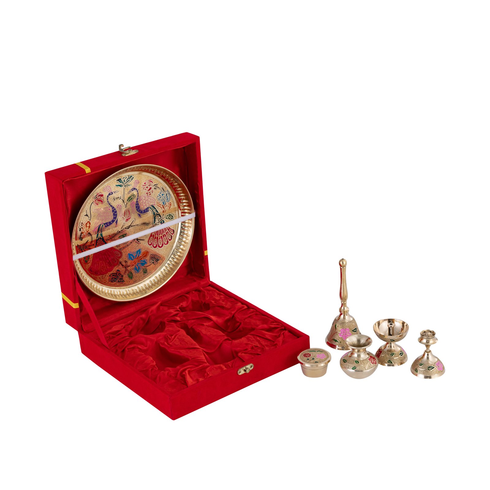 Decowill Brass Pooja Thali Set | Pooja Thali for Diwali, Navratri | Akhand Diya, Kalash, Dhoop Stand, Bell, Roli Box photo 5
