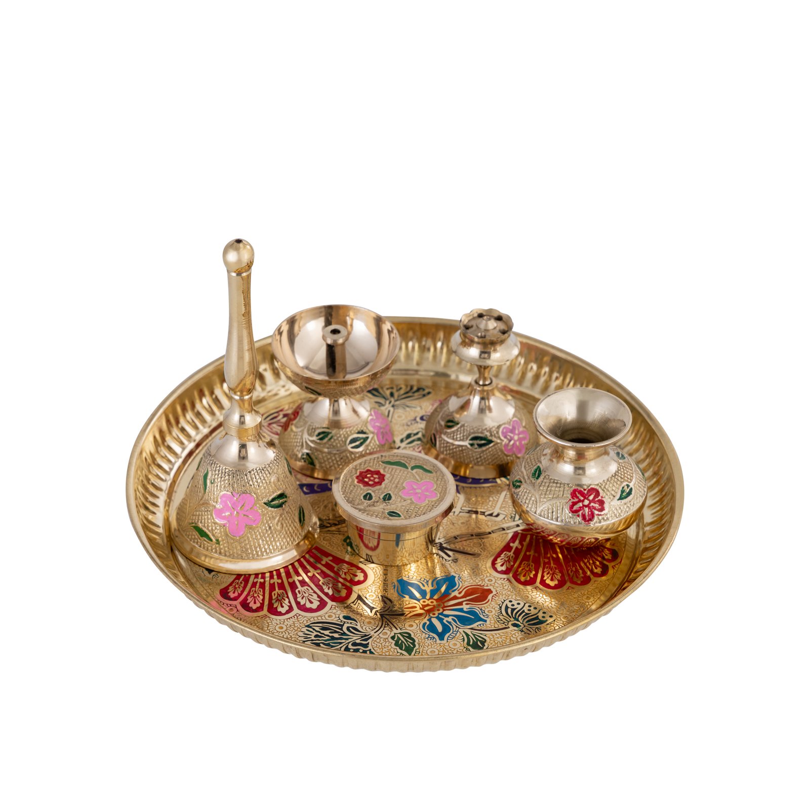 Decowill Brass Pooja Thali Set | Pooja Thali for Diwali, Navratri | Akhand Diya, Kalash, Dhoop Stand, Bell, Roli Box photo 7