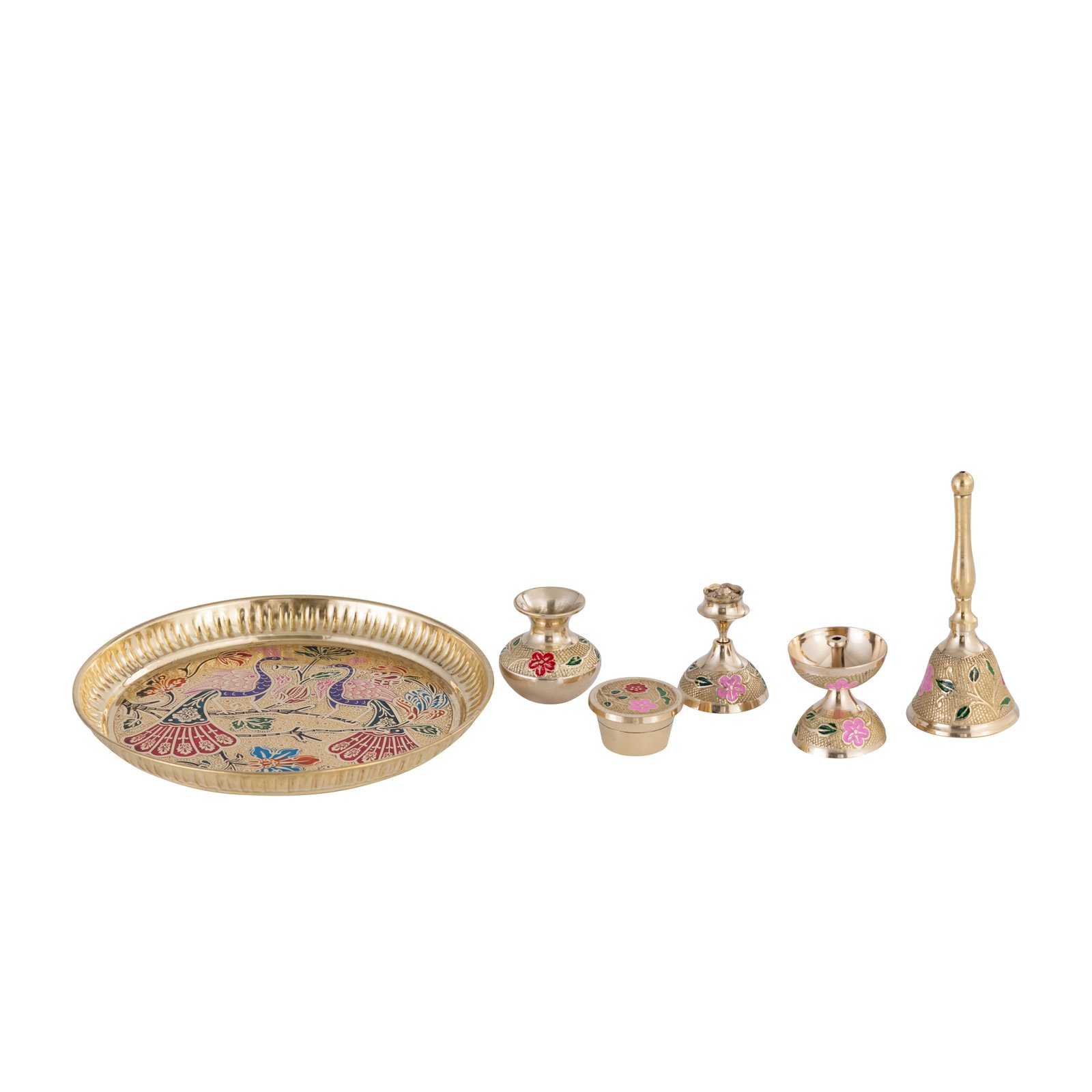 Decowill Brass Pooja Thali Set | Pooja Thali for Diwali, Navratri | Akhand Diya, Kalash, Dhoop Stand, Bell, Roli Box photo 8
