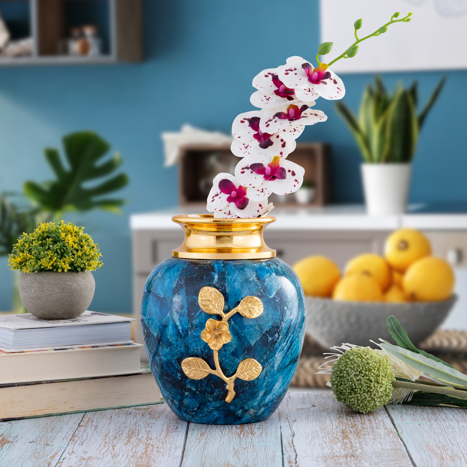 Decowill Metal Flower Vase Circle Blue | Metal Flower Pot for Home Decoration