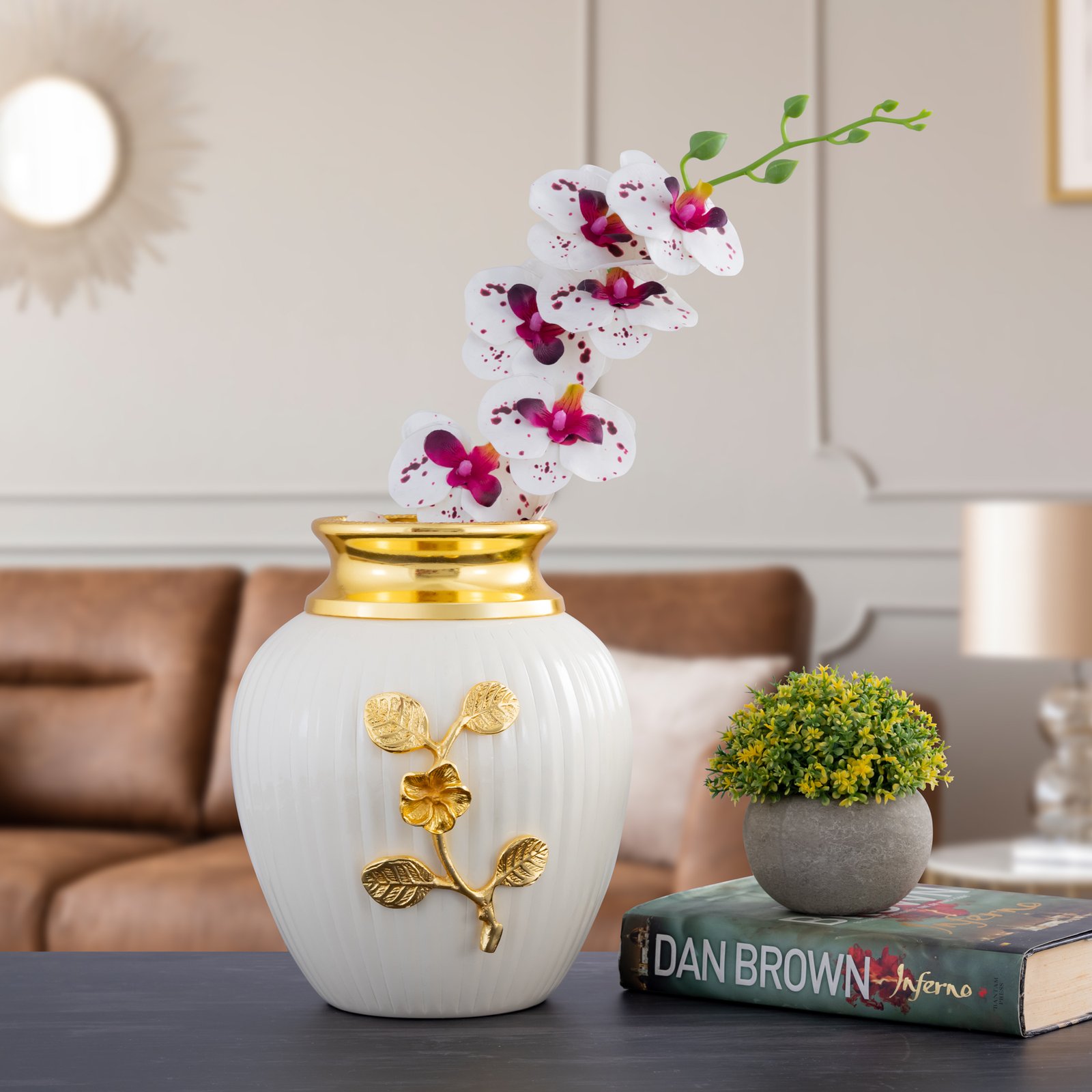 Decowill Metal Flower Vase Circle White | Metal Flower Pot for Home Decoration