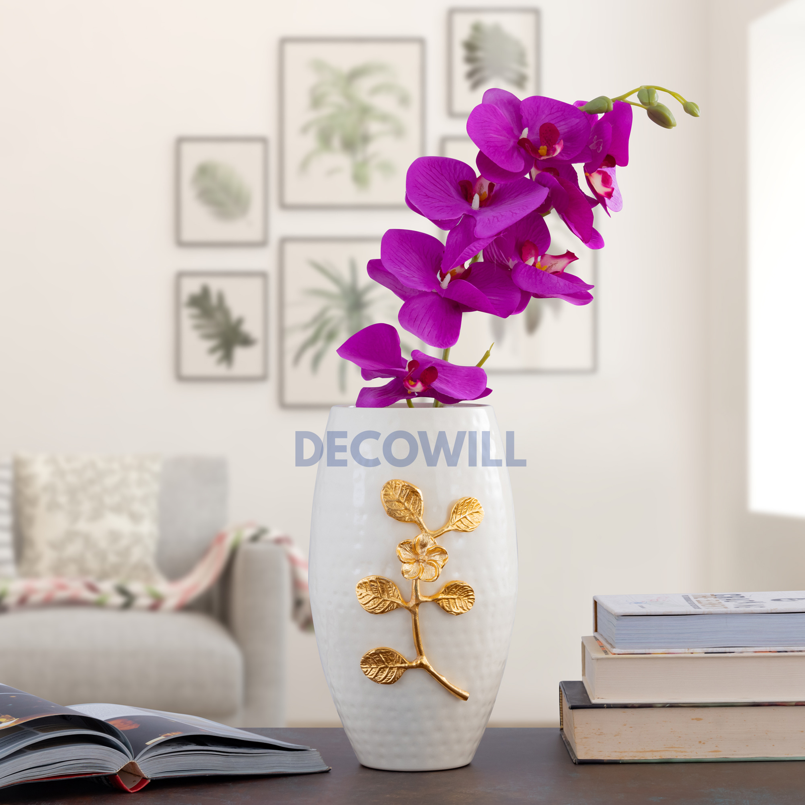 Decowill Brass Flower Vase White | Dholak Flower Vase | Flower Pot for Home Decoration