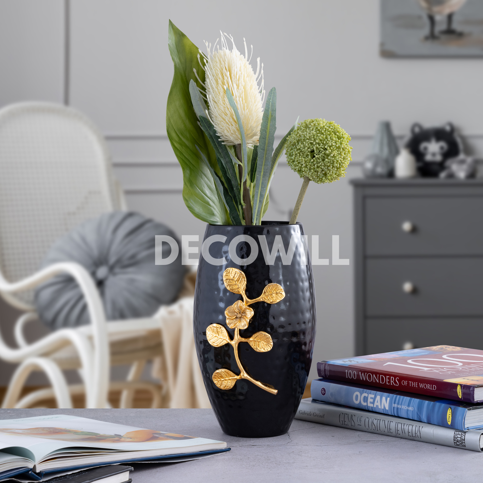 Decowill Brass Flower Vase Black Dholak Shape | Flower Pot for Home Decoration | Wt - 970g