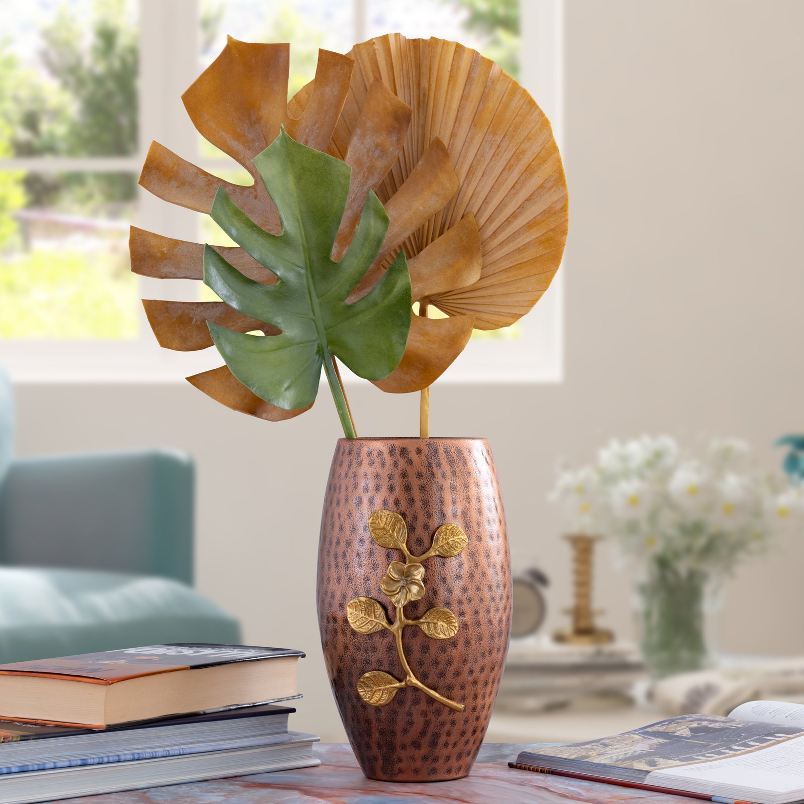 Decowill Brass Flower Vase Copper Dholak Shape | Flower Pot for Home Decoration | Wt - 970g