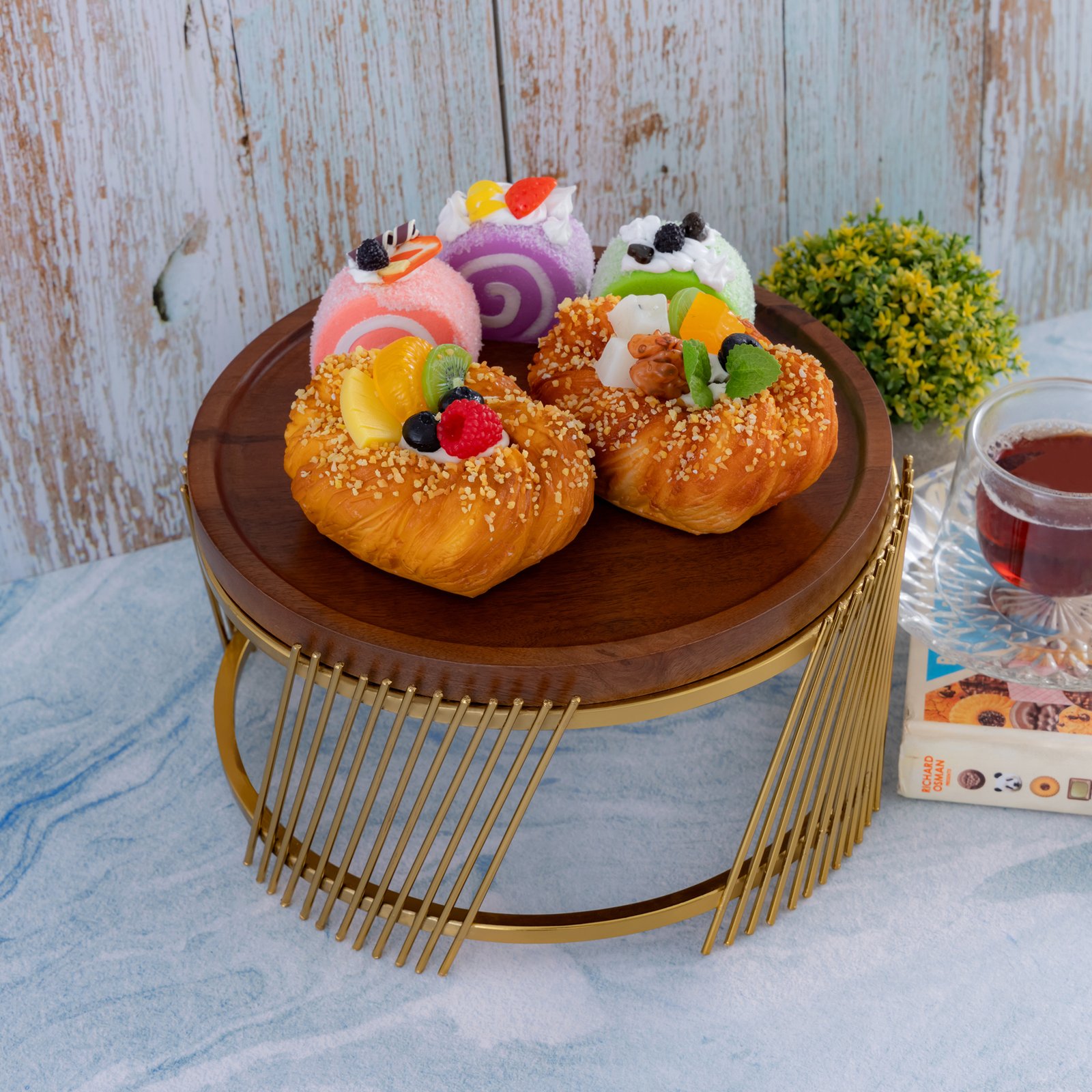 Decowill Brass Cake Stand with Wooden Top | Pizza Stand | Multipurpose Dessert Decorating Stand