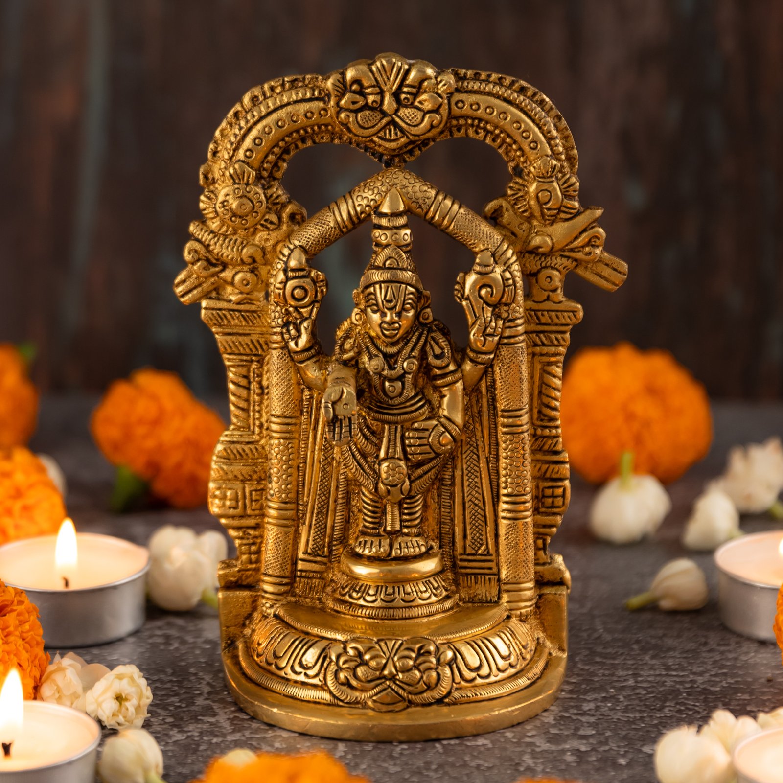 Decowill Brass Tirupati Balaji Idol | Lord Venkateshwara Idol | Gold Color | Wt - 1KG | 14x12x2 cm