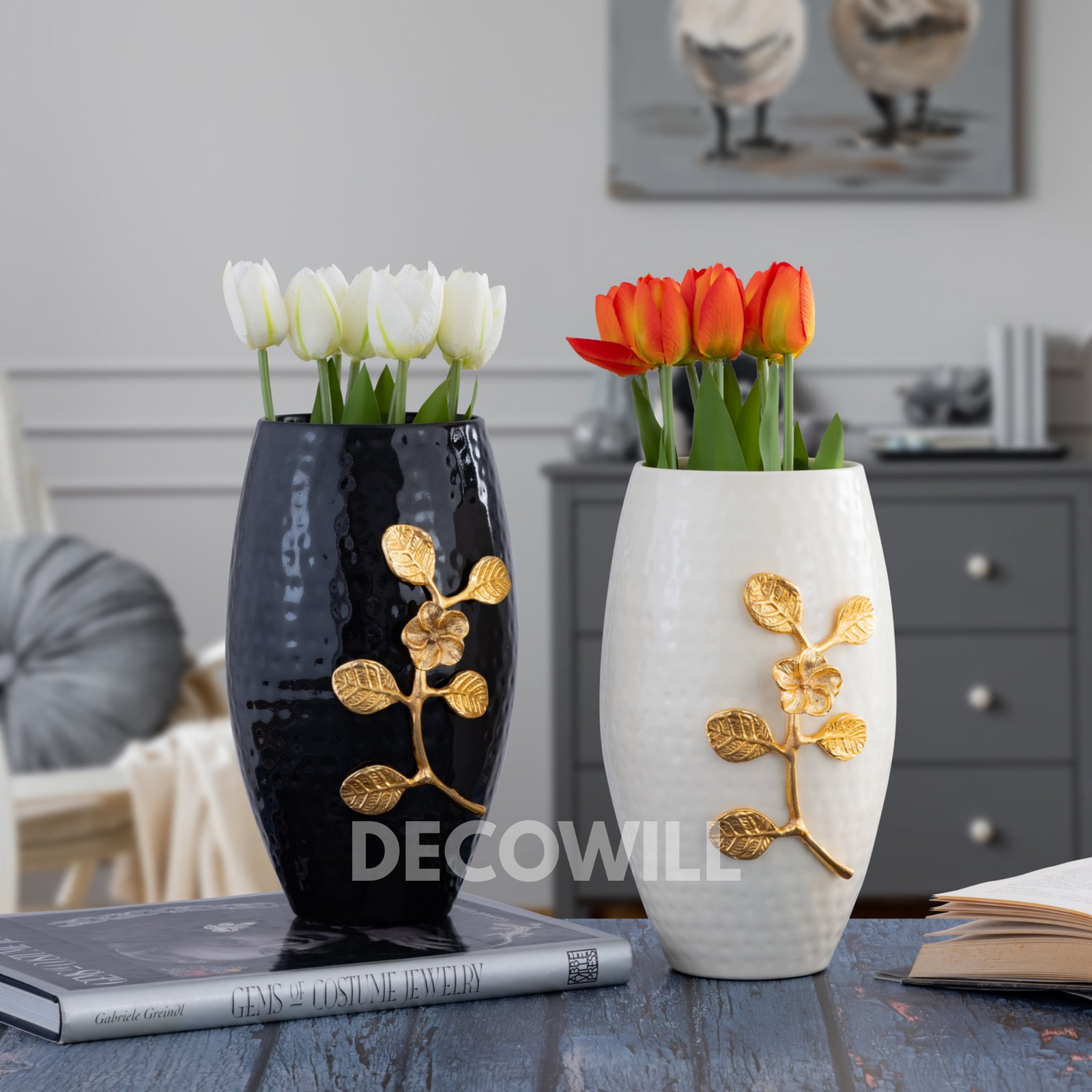 Decowill Brass Flower Vase Combo Black & White | Home Decor