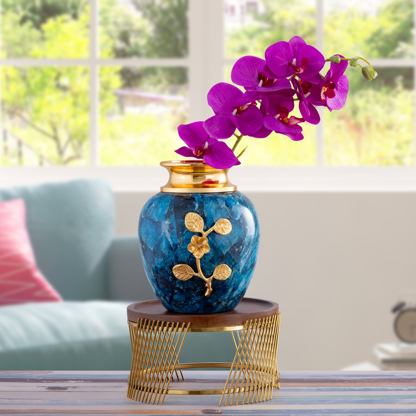 Decowill Blue Circle Flower Pot with Table Combo | Table Decor