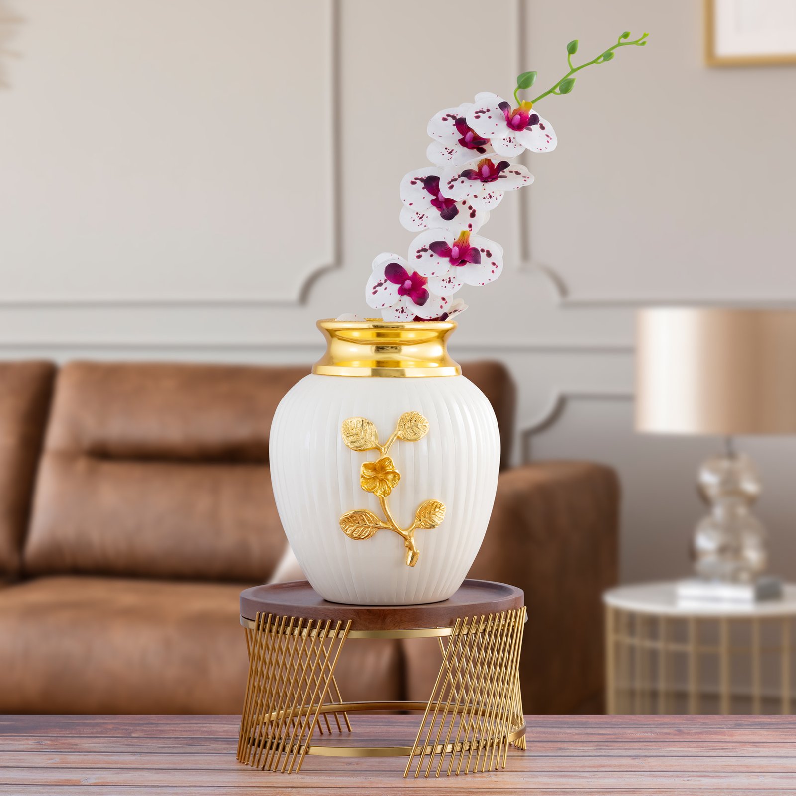 Decowill White Circle Flower Pot with Table Combo | Table Decor
