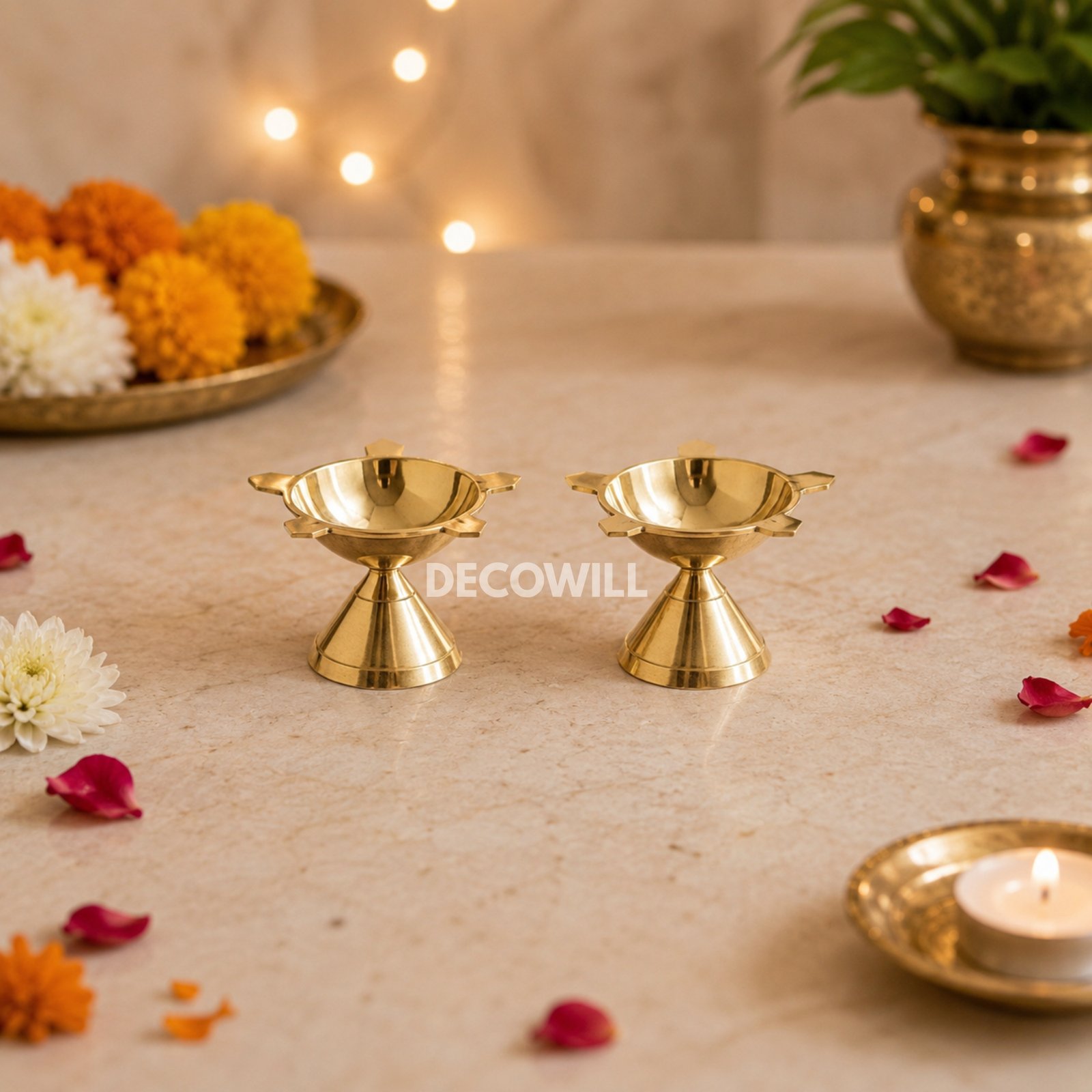 Decowill Pure Brass Panchmukhi Diya | Diya for Pooja | Pack of 2