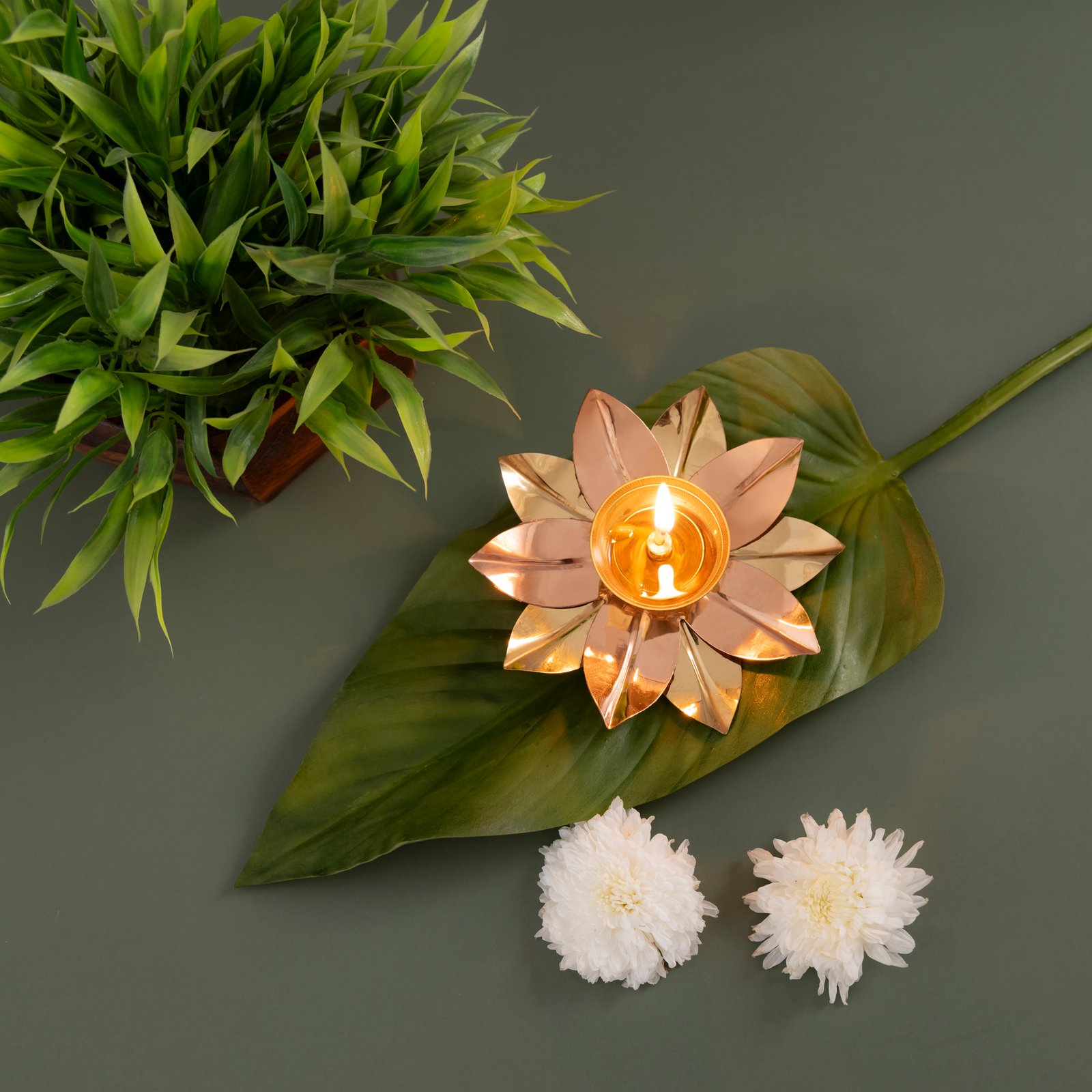 Decowill Brass Akhand Diya with Lotus Leafs | Diya for Diwali Decoration