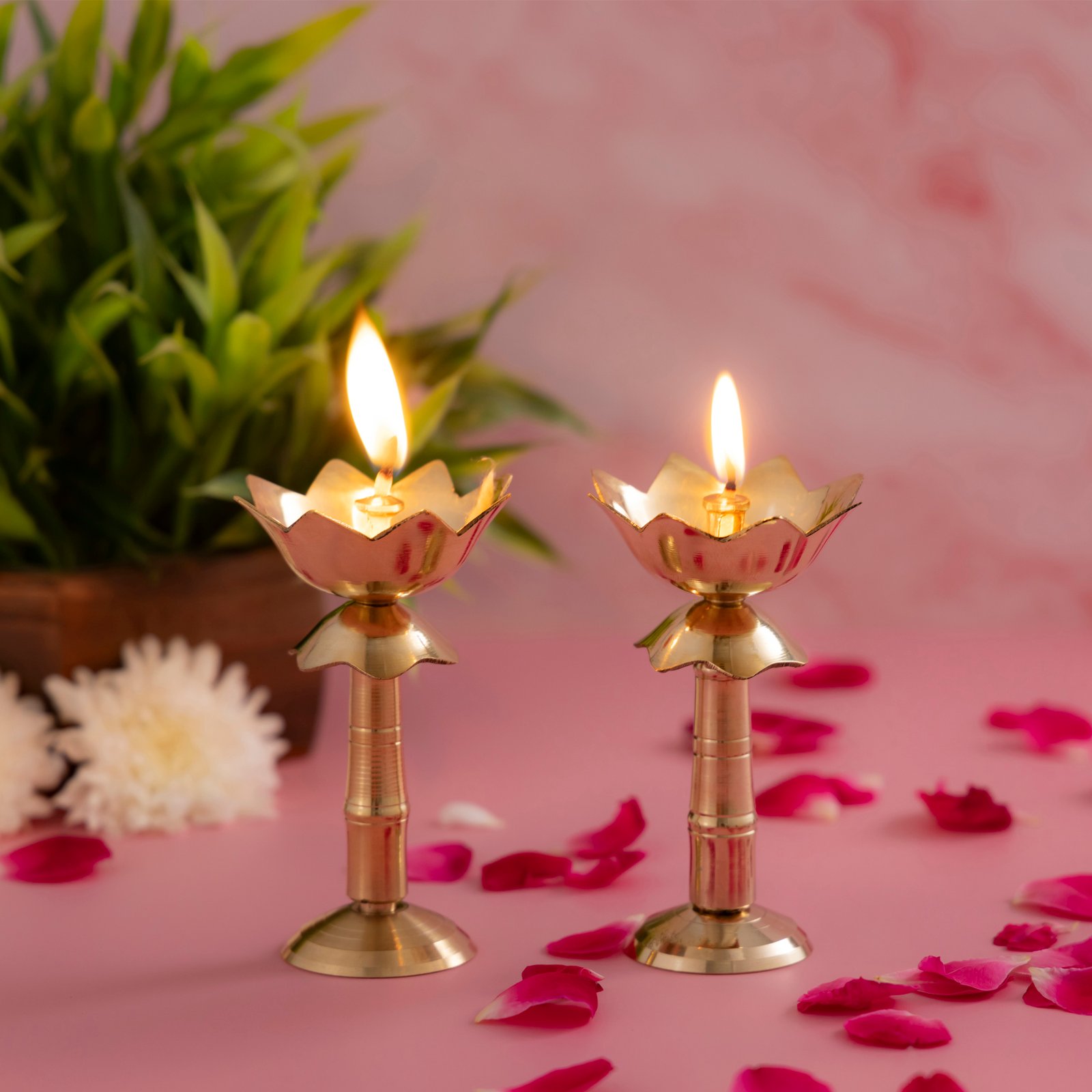 Decowill Brass Lotus Akhand Diya with Stand Pack of 2