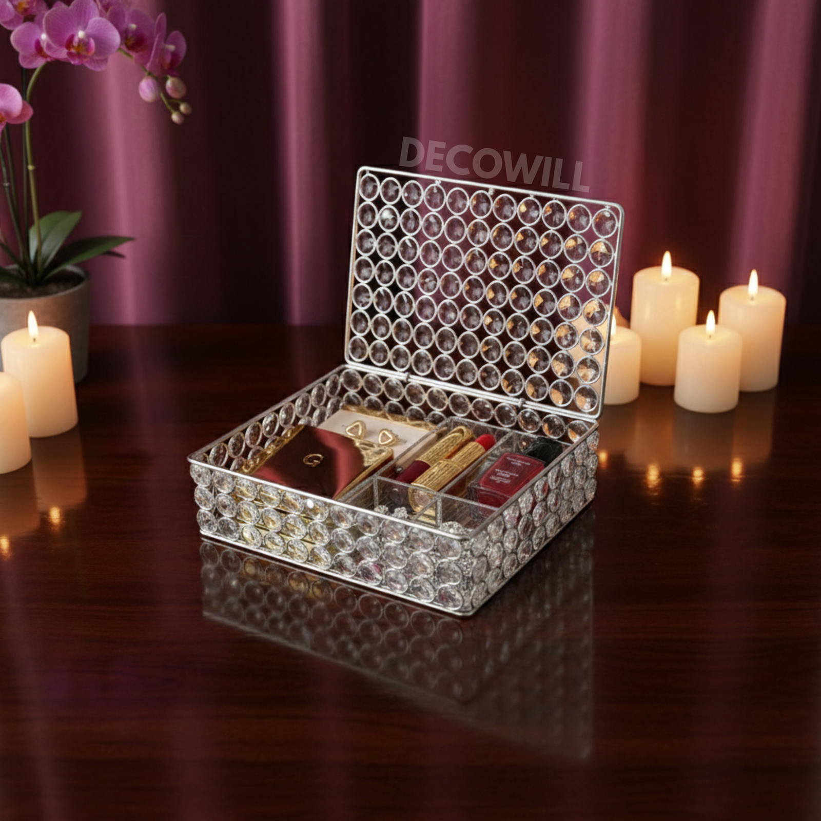 Decowill Crystal Diamond Jewellery Box | Luxury Storage Box with Mirror Base