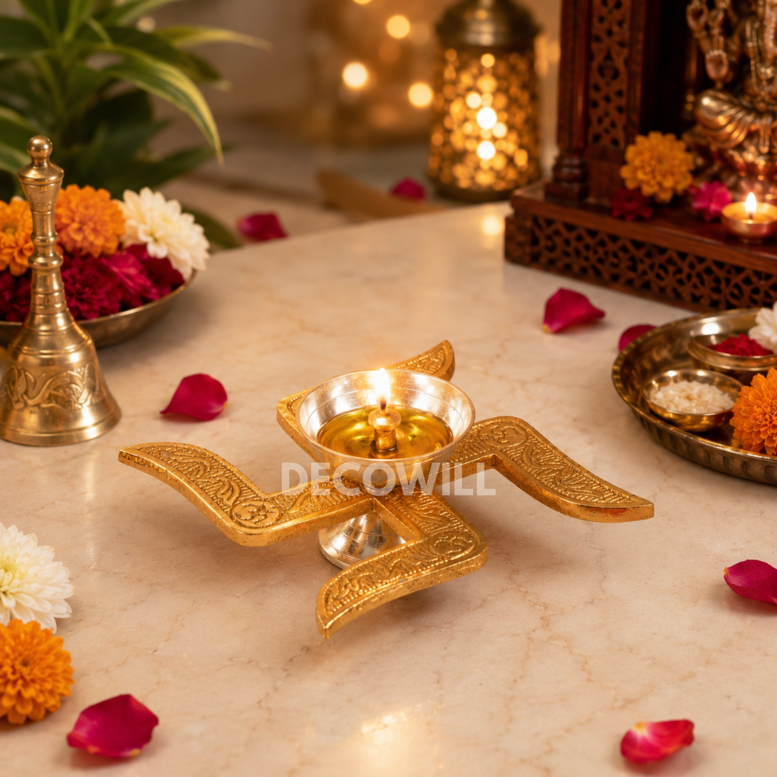 Decowill Brass Swastik Diya for Pooja | Diwali Decoration | Festivals Season