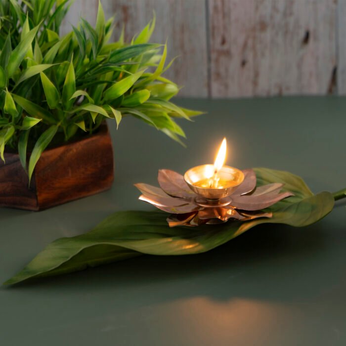 Brass Akhand Diya with Lotus Leafs